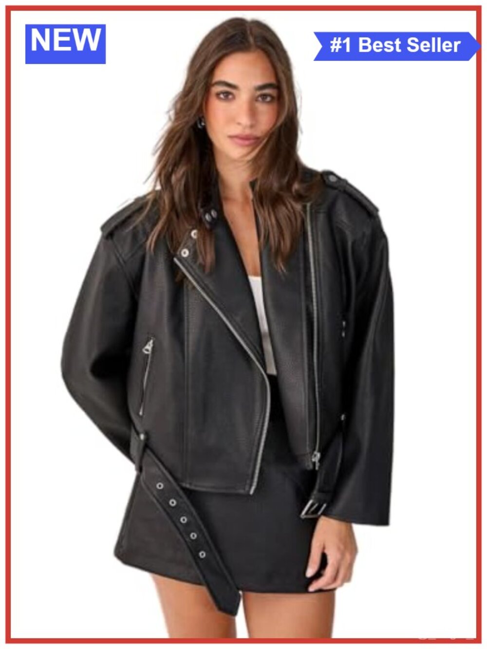 Textured Faux Leather Cropped Belted Biker Jacket